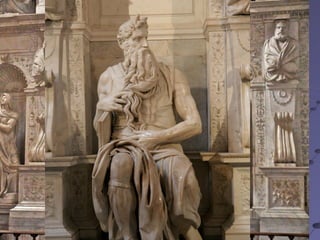 Μικελάντζελο- Μωϋσής
Το 1505 ο Πάπας
Ιούλιος Β΄ κάλεσε τον
Μιχαήλ Άγγελο στη
Ρώμη για να του
φιλοτεχνήσει το
επιτάφιο μνημείο του.
Ο Ιούλιος πέθανε το
1513, αλλά το έργο
δεν τελείωσε πριν το
1545.

 