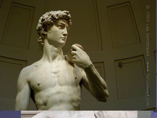 Μικελάντζελο,
Δαυίδ
Παριστάνει τον
Βιβλικό βασιλιά Δαβίδ
, τη στιγμή που
αποφασίζει να
αναμετρηθεί με τον
Γολιάθ. Στην εποχή
του θεωρήθηκε
σύμβολο της
δημοκρατίας της
Φλωρεντίας

 