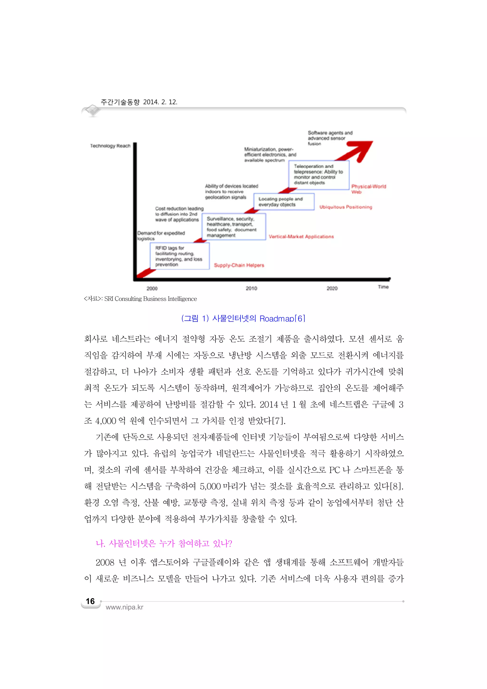 주간기술동향 2014. 2. 12.

<자료>: SRI Consulting Business Intelligence

(그림 1) 사물인터넷의 Roadmap[6]

회사로 네스트라는 에너지 절약형 자동 온도 조절기 제품을 출시하였다. 모션 센서로 움
직임을 감지하여 부재 시에는 자동으로 냉난방 시스템을 외출 모드로 전환시켜 에너지를
절감하고, 더 나아가 소비자 생활 패턴과 선호 온도를 기억하고 있다가 귀가시간에 맞춰
최적 온도가 되도록 시스템이 동작하며, 원격제어가 가능하므로 집안의 온도를 제어해주
는 서비스를 제공하여 난방비를 절감할 수 있다. 2014 년 1 월 초에 네스트랩은 구글에 3
조 4,000 억 원에 인수되면서 그 가치를 인정 받았다[7].
기존에 단독으로 사용되던 전자제품들에 인터넷 기능들이 부여됨으로써 다양한 서비스
가 많아지고 있다. 유럽의 농업국가 네덜란드는 사물인터넷을 적극 활용하기 시작하였으
며, 젖소의 귀에 센서를 부착하여 건강을 체크하고, 이를 실시간으로 PC 나 스마트폰을 통
해 전달받는 시스템을 구축하여 5,000 마리가 넘는 젖소를 효율적으로 관리하고 있다[8].
환경 오염 측정, 산불 예방, 교통량 측정, 실내 위치 측정 등과 같이 농업에서부터 첨단 산
업까지 다양한 분야에 적용하여 부가가치를 창출할 수 있다.
나. 사물인터넷은 누가 참여하고 있나?
2008 년 이후 앱스토어와 구글플레이와 같은 앱 생태계를 통해 소프트웨어 개발자들
이 새로운 비즈니스 모델을 만들어 나가고 있다. 기존 서비스에 더욱 사용자 편의를 증가
16

www.nipa.kr

 