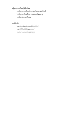 กลุ่มสาระการเรียนรู้ ที่เกียวข้ อง
่
1.กลุ่มสำระกำรเรี ยนรู ้กำรงำนอำชีพและเทคโนโลยี
2.กลุ่มสำระสังคมศึกษำ ศำสนำและวัฒนธรรม
3.กลุ่มสำระภำษำอังกฤษ
แหล่งอ้างอิง
http://th.wikipedia.org/wiki/ออเคสตรำ
http://653health.blogspot.com/
musical-manman.blogspot.com

 