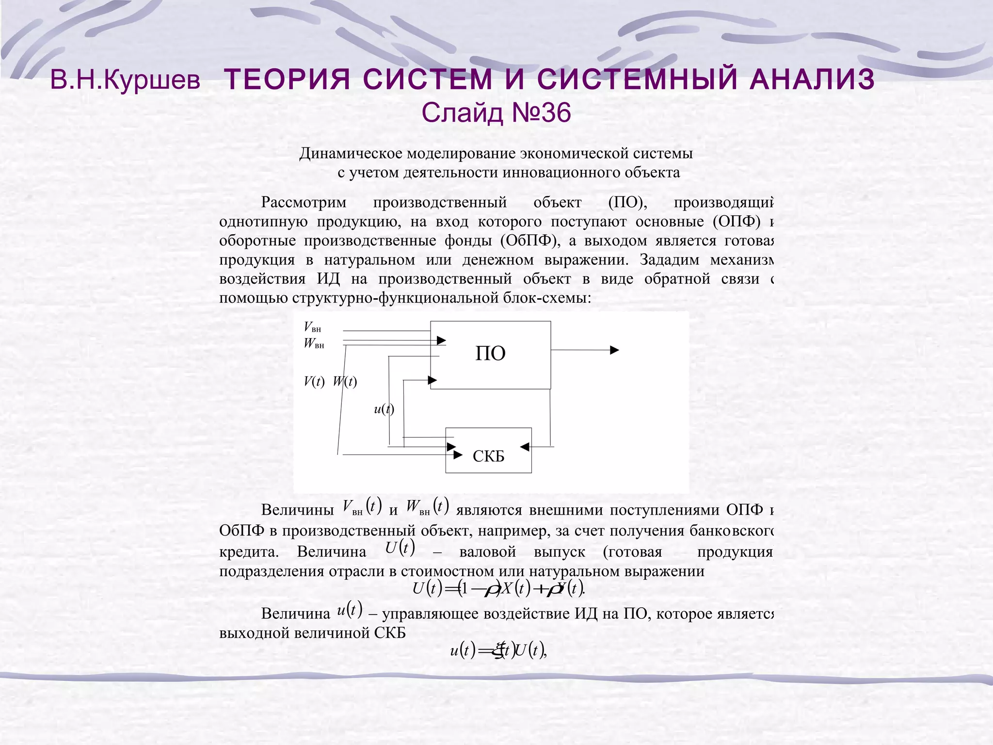 В.Н.Куршев ТЕОРИЯ СИСТЕМ И СИСТЕМНЫЙ АНАЛИЗ
Слайд №36
Динамическое моделирование экономической системы
с учетом деятельности инновационного объекта
Рассмотрим
производственный
объект
(ПО),
производящий
однотипную продукцию, на вход которого поступают основные (ОПФ) и
оборотные производственные фонды (ОбПФ), а выходом является готовая
продукция в натуральном или денежном выражении. Зададим механизм
воздействия ИД на производственный объект в виде обратной связи с
помощью структурно-функциональной блок-схемы:
Vвн
Wвн
U(t)
ПО
V(t) W(t)
u(t)
СКБ
Величины Vвн (t ) и Wвн (t ) являются внешними поступлениями ОПФ и
ОбПФ в производственный объект, например, за счет получения банковского
кредита. Величина U (t ) – валовой выпуск (готовая
продукция)
подразделения отрасли в стоимостном или натуральном выражении
(
)
U (t ) =1 −ρ X (t ) +ρ (t ).
Y
Величина u (t ) – управляющее воздействие ИД на ПО, которое является
выходной величиной СКБ
u (t ) = (t )U (t ),
ξ