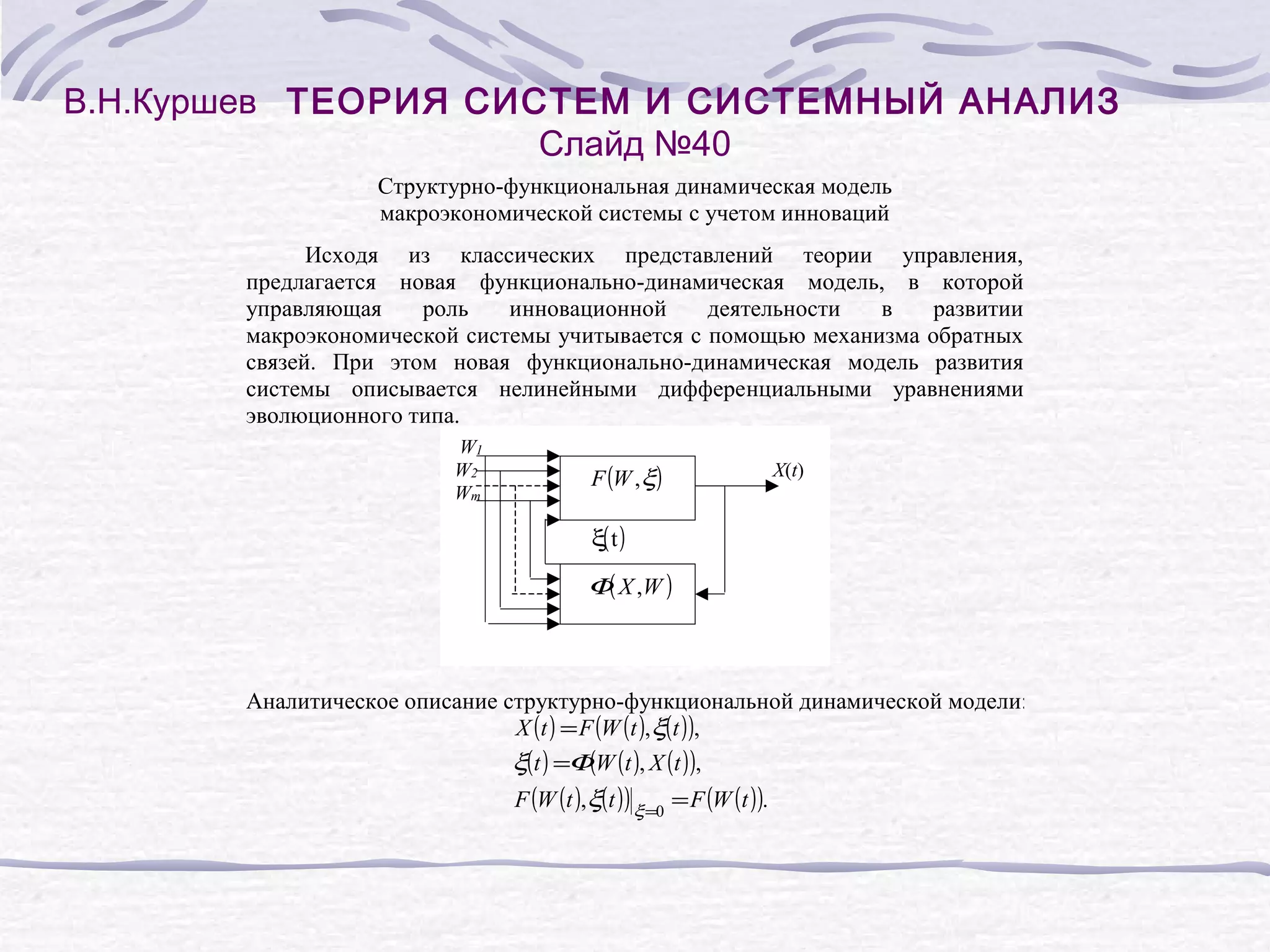 В.Н.Куршев ТЕОРИЯ СИСТЕМ И СИСТЕМНЫЙ АНАЛИЗ
Слайд №40
Структурно-функциональная динамическая модель
макроэкономической системы с учетом инноваций
Исходя из классических представлений теории управления,
предлагается новая функционально-динамическая модель, в которой
управляющая
роль
инновационной
деятельности
в
развитии
макроэкономической системы учитывается с помощью механизма обратных
связей. При этом новая функционально-динамическая модель развития
системы описывается нелинейными дифференциальными уравнениями
эволюционного типа.
W1
W2
Wm
F (W , ξ)
X(t)
ξ( t )
Φ( X ,W )
Аналитическое описание структурно-функциональной динамической модели:
X (t ) = F (W (t ), ξ(t ) ),
ξ(t ) =Φ(W (t ), X (t ) ),
F (W (t ), ξ(t ) ) ξ =0 = F (W (t ) ).