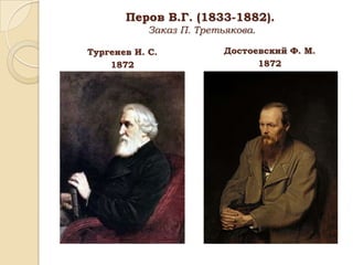 Перов В.Г. (1833-1882).
Заказ П. Третьякова.
Тургенев И. С.
1872

Достоевский Ф. М.
1872

 