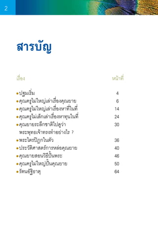 2

สารบัญ
เรื่อง	 	

	

	

	

	

ปฐมเริ่ม	 	
	
	
●คุณครูไม่ใหญ่เล่าเรื่องคุณยาย	
●คุณครูไม่ใหญ่เล่าเรื่องหาที่ในที่	
●คุณครูไม่เล็กเล่าเรื่องหาทุนในที่	
●คุณยายระลึกชาติไปดูว่า	 	
  พระพุทธเจ้าทรงท�ำอย่างไร ?
●พระไตรปิฎกในตัว	 	
	
●ประวัติศาสตร์การหล่อคุณยาย	
●คุณยายสอนวิธีปั้นพระ	
	
●คุณครูไม่ใหญ่ปั้นคุณยาย	 	
●รัตนอัฐิธาตุ	 	
	
	
●

2

      หน้าที่

	
	
	
	
	

	
	
	
	
	

4
6
14
24
30

	
	
	
	
	

	
	
	
	
	

36
40
46
50
64

 