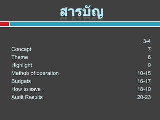 3-4

Concept
Theme
Highlight
Methob of operation
Budgets
How to save
Audit Results

7
8
9
10-15
16-17
18-19
20-23

 