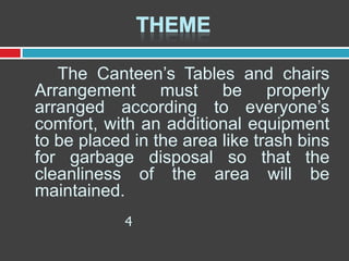 The Canteen’s Tables and chairs
Arrangement must be properly
arranged according to everyone’s
comfort, with an additional equipment
to be placed in the area like trash bins
for garbage disposal so that the
cleanliness of the area will be
maintained.
4

 