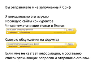 Вы отправляете мне заполненный бриф
Я внимательно его изучаю
Исследую сайты конкурентов
Читаю тематические статьи в блогах
Смотрю обсуждения на форумах
Если мне не хватает информации, я составляю
список уточняющих вопросов и отправляю его вам.
 