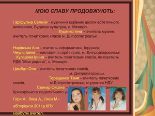 МОЮ СПАВУ ПРОДОВЖУЮТЬ:
Гаріфуліна Євгенія - музичний керівник школи естетичного
виховання, Будинок культури, с. Межиріч.
Луценко Інна – вчитель музики,
вчитель початкових класів м. Дніпропетровськ.
Нарівська Аня – вчитель інформатики, Іорданія.
Чмуль Ірина – викладач історії і прав, м. Дніпродзержинськ.
Кулішова Ірина – вчитель початкових класів, вихователь
РДБ “Моя родина”, с. Межиріч.
Цимбал Оля – вчитель початкових класів,
м. Дніпропетровськ.
Терещенко Таня – вчитель початкових
класів,
м.Дніпропетровськ, студентка НДУ.
Свинар Оксана – вчитель музики, студентка
Криворізького педагогічного університету.
Гиря А., Ляса А., Ляса М.абітурієнти 2011р.КПУ,
майбутні вчителі.

 