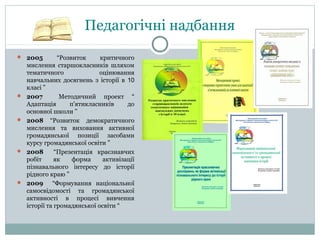 Педагогічні надбання
 2005









“Розвиток
критичного
мислення старшокласників шляхом
тематичного
оцінювання
навчальних досягнень з історії в 10
класі ”
2007
Методичний проект “
Адаптація
п'ятикласників
до
основної школи ”
2008 “Розвиток демократичного
мислення та виховання активної
громадянської позиції засобами
курсу громадянської освіти ”
2008
“Презентація краєзнавчих
робіт
як
форма
активізації
пізнавального інтересу до історії
рідного краю ”
2009 “Формування національної
самосвідомості та громадянської
активності в процесі вивчення
історії та громадянської освіти “

 