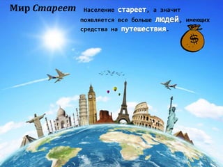 Мир Стареет

Население

, а значит

появляется все больше
средства на

, имеющих
.

 
