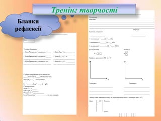 Тренінг творчості

лист – бланк для рефлексии.

Тема: ___________________________ Сила______________________________
Физическая
величина,____________________________________________________________________________
_____________________________________________________________________________________
_____________________________________________________________________________________
_____________________________________________________________________________________
_____________________________________________________________________________________
Формула
Единицы измерения

Бланки
рефлексії
Тема урока:_________________________________.

____________________

___________________

1 гектопаскаль = _____Па = ___гПа

FА =

1 килопаскаль = ________Па = ___кПа
1 мегапаскаль= __________Па = _____ МПА

Условия палавания:
1. Если вещества > жидкости, ______
_________________________________
2. Если вещества < жидкости, ______
_________________________________
3. Если вещества = жидкости, то …
_________________________________

Сила давления

1. Если Fтяж > FА, ___________
__________________________
2. Если Fтяж < FА, то
__________________________
3. Если Fтяж = FА, ___________
__________________________

F=

Площадь

∙

S=

Графики зависимости P,F и P,S
P

P

Глубина погружения тела зависит от
_____жидкости и _____ вещества тела.
Пусть FА = Fтяж - тело плавает.
FА = ______ , Fтяж = ____, m = gвVт
Следовательно,
тогда Fтяж = _________
или жgVт = _______ ,
жидкости = _____________.
Если вещества = ____________, то тело плавает.

F
Увеличить

S
Уменьшить

______________________________

__________________________________

______________________________

__________________________________

______________________________

__________________________________

Задача. Какое давление создает на пол бочка весом 600Н и площадью дна 0,3м2?
Дано:

СИ

Решение

Ответ:

 