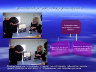 Організація лабораторних робіт у формі дослідження

Експериментальні
навчально-дослідницькі
завдання

Завдання на визначення
фізичної величини



Завдання на дослідження
фізичного закону або
наслідку з нього

Використання цих типів завдань дозволяє трансформувати лабораторну роботу у
процес дослідження відповідно до структурно-логічної схеми їх виконання

 