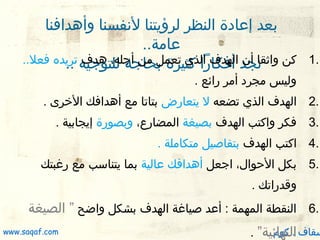 ‫.1‬

‫بعد إعادة النظر لرؤيتنا لنفسنا وأدهدافنا‬
‫عامة..‬
‫نجد أفكارا كثيرة بحاجة للتوجيه تريده فعل..‬
‫كن واثقا أن الهدف الذي تعمل من أجله، دهدف ..‬

‫وليس مجرد أمر رائع .‬

‫.2 الهدف الذي تضعه ل يتعارض بتاتا مع أدهدافك الرخرى .‬
‫.3 فكر واكتب الهدف بصيغة المضارع، وبصورة إيجابية .‬
‫.4 اكتب الهدف بتفاصيل متكاملة .‬
‫.5 بكل الحوال، اجعل أدهدافك عالية بما يتناسب مع رغبتك‬
‫وقدراتك .‬

‫.6 النقطة المهمة : أعد صياغة الهدف بشكل واضح ” الصيغة‬

‫. كوم‬
‫سقاف النهائية” .‬

‫‪www.saqaf.com‬‬

 