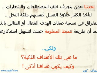 ‫تحدثنا عمن ينجرف خلف المصطلحات والشعارات ..‬
‫ لتأخذ الكثير حلوة العسل فتنسيهم ملكة النحل ..‬

‫ستغراق في تسمية صفات الهدف الفعال أو المثالي بالذك‬

‫لما أن طريقة تنميط المعلومة جعلت لتسهيل استذكارها‬

‫ولكن..‬
‫ما هي تلك الهداف الذكية؟‬

‫سقاف . كوم‬

‫وكيف يكون هدافنا أكذكى !‬

‫‪www.saqaf.com‬‬

 