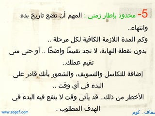 ‫5-‬

‫محدود بإطار زمني : المهم أن تضع تاريخ بدء‬

‫وانتهاء..‬
‫وكم المدة اللزمة الكافية لكل مرحلة ..‬
‫بدون نقطة النهاية، ل تجد تقييما واضحا .. أو حتى متى‬
‫تقيم عملك..‬
‫إضافة للتكاسل والتسويف، والشعور بأنك قادر على‬
‫البدء في أي وقت ..‬
‫الخطر من كذلك.. قد يأتي وقت ل ينفع فيه البدء في‬

‫سقاف . كوم‬

‫الهدف المطلوب .‬

‫‪www.saqaf.com‬‬

 