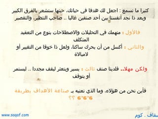 ‫كثيرا ما نسمع : اجعل لك دهدفا في حياتك، حينها ستشعر بالفرق الكبير‬
‫وبعد ذا نجد أنفسنا بين أحد صنفين غالبا .. صاحب التنظير، والتقصير‬
‫فالول : منهمك في التحليلت والصطلحات بنوع من التعقيد‬
‫المتكلف‬
‫والثاني : أكسل من أن يحرك ساكنا، ولعل ذا رخوفا من التغيير أو‬
‫لمبالة‬
‫ولكن مهل.. فلدينا صنف ثالث : يسير ويتعثر ليقف مجددا .. ليستمر‬
‫أو يتوقف‬
‫فأين نحن من دهؤل،ء، وما الذي نعنيه بـ صناعة الدهداف بطريقة‬
‫6* 6* 6 ؟؟‬

‫سقاف . كوم‬

‫‪www.saqaf.com‬‬

 