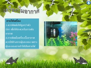 การใช้เครือง
่
1.ควรติดตังให้สงกว่าตัว
ู
ปลา เพื่อให้สะดวกในการดัน
อากาศ
2.การติดตังเครื่องปั มอากาศ
้
๊
ควรให้ห่างจากฝุ่ นละออง เพราะ
ฝุ่ นละอองอาจทาให้เสียหายได้

 