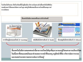 โรงเรียนไฮโซเบตง เป็ นโรงเรียนที่ตงอยู่ในเมือง มีความร้อมทางด้านสื่อเทคโนโลยีมีหอง
ั้
้
คอมพิวเตอร์ มีอินเตอร์เน็ ตความเร็วสูง แต่ครูไม่เพียงพอเนื่ องจากย้ายหนี ในเหตุการณ์
ความไม่สงบ

สื่อเทคโนโลยีสารสนเทศที่เหมาะกับโรงเรียนนี้

การเรียนรูแบบออนไลน์ (E-Learning)
้

หน้งสืออิเล็คทรอนิ กส์ (E-book)

ห้องสมุดอิเล็คทรอนิ กส์ (E-Library)

สื่อเทคโนโลยีสารสนเทศเหล่านี้ สามารถเรียนได้ทุกที่ทกเวลาและผูเ้ รียนสามารถเลื อกเรียน
ุ
ในเนื้ อหาที่ตนเองสนใจและช่วยลดภาระหน้าที่ของครู ครูมีหน้าที่คือ บริหารจัดการระบบ
และคอยอานวยความสะดวกต่อการเรียนรู ้

 
