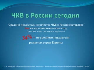 Средний показатель количества ЧКВ в России составляет
610 на миллион населения в год
(531 на млн. в 2012* , 610 на млн. в 2013 [оценка] )

34% - от среднего показателя
развитых стран Европы

* Л. А. Бокерия, Б.Г. Алекян Рентгенэндоваскулярная диагностика и лечение заболеваний сердца и сосудов в Российской Федерации – 2012 год

 