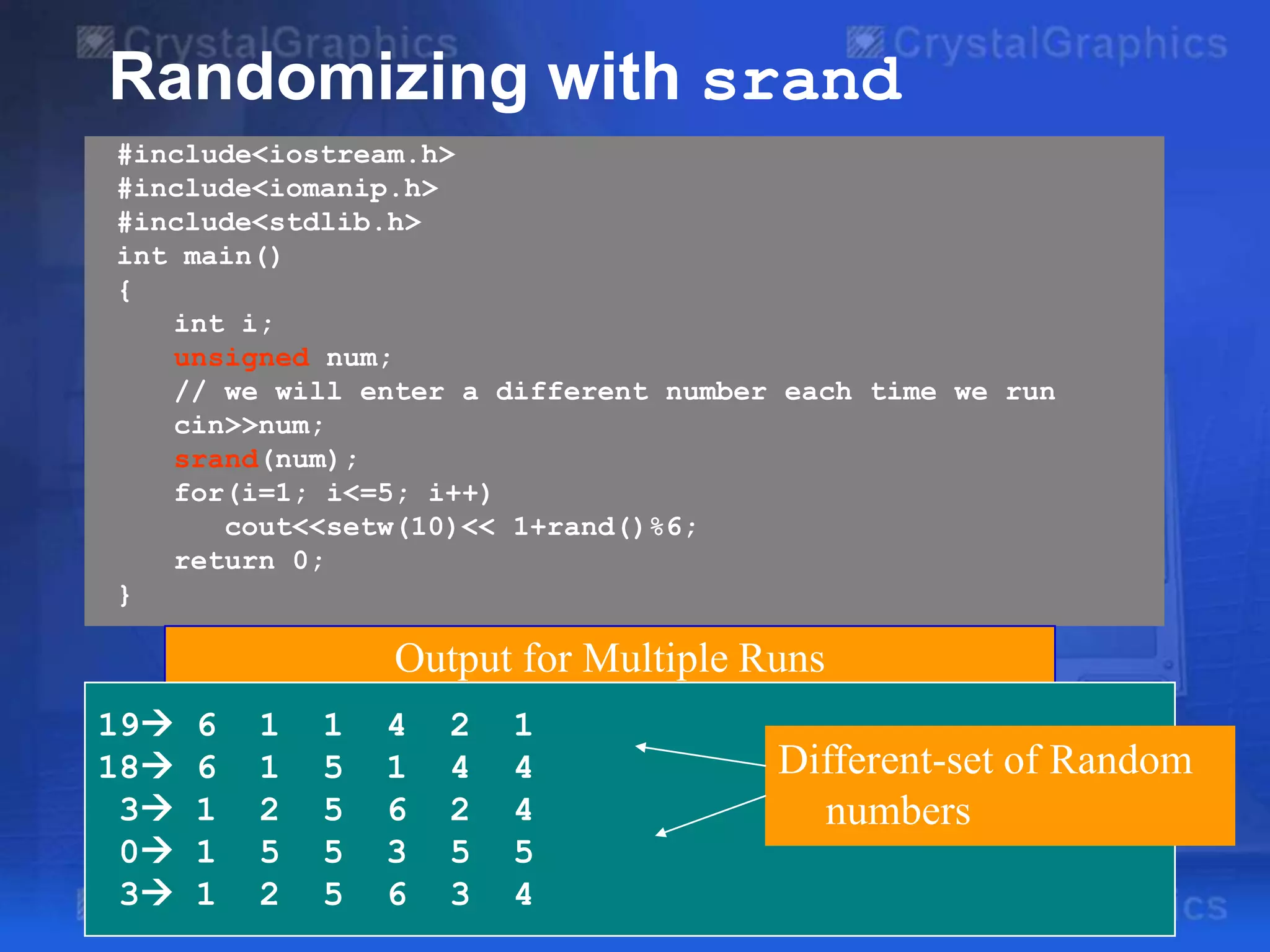 Randomizing with srand
#include<iostream.h>
#include<iomanip.h>
#include<stdlib.h>
int main()
{
int i;
unsigned num;
// we will enter a different number each time we run
cin>>num;
srand(num);
for(i=1; i<=5; i++)
cout<<setw(10)<< 1+rand()%6;
return 0;
}

Output for Multiple Runs
19
18
3
0
3

6
6
1
1
1

1
1
2
5
2

1
5
5
5
5

4
1
6
3
6

2
4
2
5
3

1
4
4
5
4

Different-set of Random
numbers

 