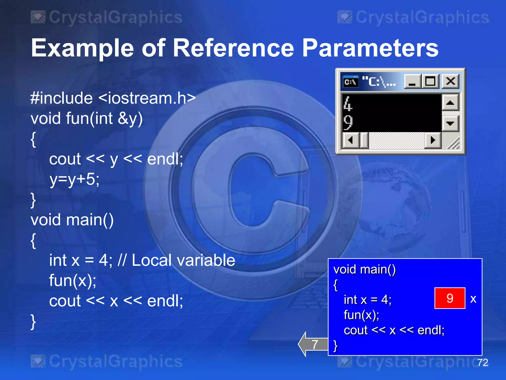 Example of Reference Parameters
#include <iostream.h>
void fun(int &y)
{
cout << y << endl;
y=y+5;
}
void main()
{
int x = 4; // Local variable
fun(x);
cout << x << endl;
}
7

void main()
{
9
?
int x = 4;
fun(x);
cout << x << endl;
}

x

72

 
