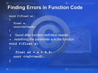 Finding Errors in Function Code
void f(float a);
{
float a;
cout<<a<<endl;
}


; found after function definition header.

redefining the parameter a in the function
void f(float a)
{
float a2 = a + 8.9;
cout <<a2<<endl;
}


 