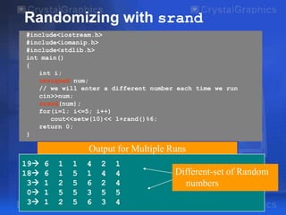 Randomizing with srand
#include<iostream.h>
#include<iomanip.h>
#include<stdlib.h>
int main()
{
int i;
unsigned num;
// we will enter a different number each time we run
cin>>num;
srand(num);
for(i=1; i<=5; i++)
cout<<setw(10)<< 1+rand()%6;
return 0;
}

Output for Multiple Runs
19
18
3
0
3

6
6
1
1
1

1
1
2
5
2

1
5
5
5
5

4
1
6
3
6

2
4
2
5
3

1
4
4
5
4

Different-set of Random
numbers

 