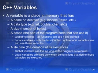 C++ Variables
• A variable is a place in memory that has
–
–
–
–

A name or identifier (e.g. income, taxes, etc.)
A data type (e.g. int, double, char, etc.)
A size (number of bytes)
A scope (the part of the program code that can use it)
• Global variables – all functions can see it and using it
• Local variables – only the function that declare local variables see
and use these variables

– A life time (the duration of its existence)
• Global variables can live as long as the program is executed
• Local variables are lived only when the functions that define these
variables are executed

36

 