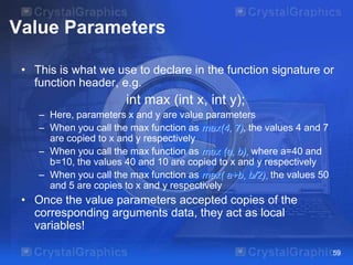 Value Parameters
• This is what we use to declare in the function signature or
function header, e.g.

int max (int x, int y);
– Here, parameters x and y are value parameters
– When you call the max function as max(4, 7), the values 4 and 7
are copied to x and y respectively
– When you call the max function as max (a, b), where a=40 and
b=10, the values 40 and 10 are copied to x and y respectively
– When you call the max function as max( a+b, b/2), the values 50
and 5 are copies to x and y respectively

• Once the value parameters accepted copies of the
corresponding arguments data, they act as local
variables!
59

 