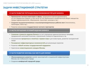 ИНВЕСТИЦИОННАЯ СТРАТЕГИЯ МОСКВЫ 2014-2025 (проект)

ЗАДАЧИ ИНВЕСТИЦИОННОЙ СТРАТЕГИИ
В ЧАСТИ РАЗВИТИЯ ПОТЕНЦИАЛЬНЫХ ВОЗМОЖНОСТЕЙ ДЛЯ БИЗНЕСА
• Привлечение частных инвесторов в сферы, традиционно финансировавшиеся
за счет бюджетных средств, в том числе за счет вовлечения в хозяйственный оборот имущества
города (здравоохранение, образование, транспорт, культура и пр.)
• Cоздание высокооплачиваемых и высокопроизводительных рабочих мест (технополисы,
технопарки, ОЭЗ и пр.)
• Развитие механизмов государственно-частного партнерства

В ЧАСТИ УЛУЧШЕНИЯ УСЛОВИЙ ВЕДЕНИЯ БИЗНЕСА
• Снижение стоимости ведения бизнеса за счет упрощения административных процедур,
продуманной налоговой политики, ограничения стоимости подключения и пр.
• Установление прозрачных и понятных «правил игры» для инвесторов, развитие конкурентной
среды
• Расширение инфраструктурных возможностей для реализации проектов
• Развитие гибкой системы государственной поддержки

• Укрепление инвестиционного имиджа Москвы

В ЧАСТИ РАЗВИТИЯ МОСКВЫ КАК МЕСТА ДЛЯ ЖИЗНИ
• Сбалансированное развитие жилой, транспортной и социальной инфраструктуры
Москвы как глобального города
• Создание комфортной городской среды
7

 