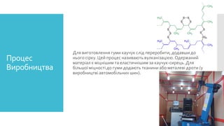 Процес
Виробництва

Для виготовлення гуми каучук слід переробити, додавши до
нього сірку. Цей процес називають вулканізацією. Одержаний
матеріал є міцнішим та еластичнішим за каучук-сирець. Для
більшої міцності до гуми додають тканини або металеві дроти (у
виробництві автомобільних шин).

 