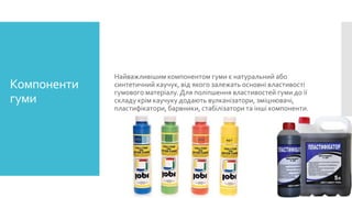 Компоненти
гуми

Найважливішим компонентом гуми є натуральний або
синтетичний каучук, від якого залежать основні властивості
гумового матеріалу. Для поліпшення властивостей гуми до її
складу крім каучуку додають вулканізатори, зміцнювачі,
пластифікатори, барвники, стабілізатори та інші компоненти.

 