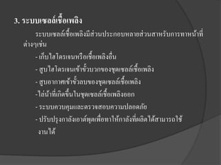 3. ระบบเซลล์ เชื้อเพลิง
ระบบเซลล์เชื้อเพลิงมีส่วนประกอบหลายส่ วนสาหรับการทาหน้าที่
ต่างๆเช่น
- เก็บไฮโดรเจนหรื อเชื้อเพลิงอื่น
- สู บไฮโดรเจนเข้าขั้วบวกของชุดเซลล์เชื้อเพลิง
- สู บอากาศเข้าขั้วลบของชุดเซลล์เชื้อเพลิง
-ไล่นาที่เกิดขึ้นในชุดเซลล์เชื้อเพลิงออก
้
- ระบบควบคุมและตรวจสอบความปลอดภัย
- ปรับปรุ งกาลังเอาต์พตเพื่อทาให้กาลังที่ผลิตได้สามารถใช้
ุ
งานได้

 