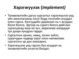 Хэрэгжүүлэх (Implement)
• Төлөвлөлтийн дагуу сургалтыг хэрэгжүүлэх үед
үйл ажиллагааны хэсэг бүрд гэнэтийн асуудал
олон гарна. Хэсгүүдийн дараалал нь ч асуудал
болж болно. Эдгээр нь сурагч биеээ дайчлан
суралцахад маш их хүч, хөдөлмөр шаарддаг
тул дээрх хүндрэл гардаг.
• Сургалтын орчин, нөөц, хүчин зүйлс,
сурагчдын чадвар зэрэг олон нөлөөлөөс
сургалтын үр дүн хамаарна.
• Хэрэгжүүлэх үед гарсан бүх асуудал нь
төлөвлөлтийн үнэлгээ болдог.

 