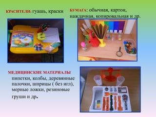 КРАСИТЕЛИ: гуашь,

краски

БУМАГА:

обычная, картон,
наждачная, копировальная и др.

МЕДИЦИНСКИЕ МАТЕРИАЛЫ

пипетки, колбы, деревянные
палочки, шприцы ( без игл),
мерные ложки, резиновые
груши и др.

 