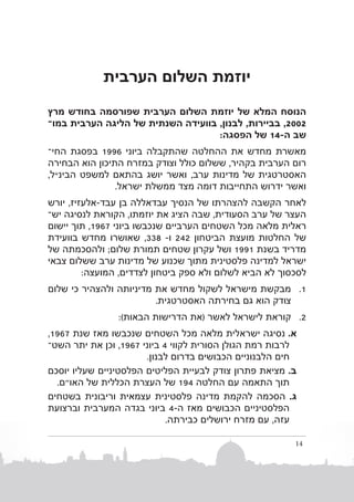 ‫יוזמת השלום הערבית‬
‫הנוסח המלא של יוזמת השלום הערבית שפורסמה בחודש מרץ‬
‫22002, בביירות, לבנון, בוועידה השנתית של הליגה הערבית במ�ו‬
‫שב ה-41 של הפסגה:‬
‫מאשרת מחדש את ההחלטה שהתקבלה ביונ י 6991 בפסגת הח�י‬
‫רום הערבית בקהיר, ששלום כולל וצודק במזרח התיכון הוא הבחירה‬
‫האסטרטגית של מדינות ערב, ואשר יושג בהתאם למשפט הבינ”ל,‬
‫ואשר ידרוש התחייבות דומה מצד ממשלת ישראל.‬
‫לאחר הקשבה להצהרתו של הנסיך עבדאללה בן עבד-אלעזיז, יורש‬
‫העצר של ערב הסעודית, שבה הציג את יוזמתו, הקוראת לנסיגה ישב‬
‫ראלית מלאה מכל השטחים הערביים שנכבשו ביוני 7691, תוך יישום‬
‫של החלטות מועצת הביטחון 242 ו- 833, שאושרו מחדש בוועידת‬
‫מדריד בשנת 1991 ושל עקרון שטחים תמורת שלום; ולהסכמתה של‬
‫ישראל למדינה פלסטינית מתוך שכנוע של מדינות ערב ששלום צבאי‬
‫לסכסוך לא הביא לשלום ולא ספק ביטחון לצדדים, המועצה:‬
‫1. 1מבקשת מישראל לשקול מחדש את מדיניותה ולהצהיר כי שלום‬
‫צודק הוא גם בחירתה האסטרטגית.‬
‫2. 2קוראת לישראל לאשר (את הדרישות הבאות):‬
‫א. נסיגה ישראלית מלאה מכל השטחים שנכבשו מאז שנת 7691,‬
‫לרבות רמת הגולן הסורית לקוו י 4 ביוני 7691, וכן את יתר הש�ט‬
‫חים הלבנוניים הכבושים בדרום לבנון.‬
‫ב. מציאת פתרון צודק לבעיית הפליטים הפלסטיניים שעליו יוסכם‬
‫תוך התאמה עם החלטה 491 של העצרת הכללית של האו"ם.‬
‫ג. הסכמה להקמת מדינה פלסטינית עצמאית וריבונית בשטחים‬
‫הפלסטיניים הכבושים מאז ה-4 ביוני בגדה המערבית וברצועת‬
‫עזה, עם מזרח ירושלים כבירתה.‬
‫41‬

 