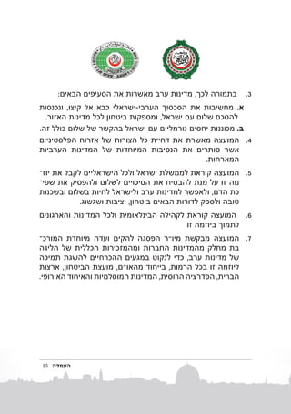 ‫3. 3 בתמורה לכך, מדינות ערב מאשרות את הסעיפים הבאים:‬
‫א. מחשיבות את הסכסוך הערבי-ישראלי כבא אל קיצו, ונכנסות‬
‫להסכם שלום עם ישראל, ומספקות ביטחון לכל מדינות האזור.‬
‫ב. מכוננות יחסים נורמליים עם ישראל בהקשר של שלום כולל זה.‬
‫4. 4המועצה מאשרת את דחיית כל הצורות של אזרוח הפלסטיניים‬
‫אשר סותרים את הנסיבות המיוחדות של המדינות הערביות‬
‫המארחות.‬
‫5. 5המועצה קוראת לממשלת ישראל ולכל הישראליים לקבל את יוזב‬
‫מה זו על מנת להבטיח את הסיכויים לשלום ולהפסיק את שפיב‬
‫כת הדם, ולאפשר למדינות ערב ולישראל לחיות בשלום ובשכנות‬
‫טובה ולספק לדורות הבאים ביטחון, יציבות ושגשוג.‬
‫6. 6 המועצה קוראת לקהילה הבינלאומית ולכל המדינות והארגונים‬
‫לתמוך ביוזמה זו.‬
‫7. 7המועצה מבקשת מיו"ר הפסגה להקים ועדה מיוחדת המורכב‬
‫בת מחלק מהמדינות החברות ומהמזכירות הכללית של הליגה‬
‫של מדינות ערב, כדי לנקוט במגעים ההכרחיים להשגת תמיכה‬
‫ליוזמה זו בכל הרמות, בייחוד מהאו"ם, מועצת הביטחון, ארצות‬
‫הברית, הפדרציה הרוסית, המדינות המוסלמיות והאיחוד האירופי.‬

‫העמדה‬

‫51‬

 