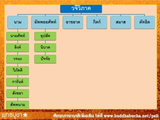 วจีวภาค
ิ
นาม

อัพพยยศัพท์

นามศัพท์

อุปสัค

ลิงค์

นิบาต

วจนะ

ปั จจัย

วิภตติ
ั
การันต์
สังขยา
สัพพนาม

อาขยาต

กิตก์

สมาส

ตัทธิต

 