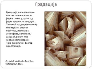 Градација
Градација је степеновање
или постепен прелаз из
једног стања у друго, од
једне вредности до друге.
Уз помоћ градације постижу
се визуелни ефекти
простора, растојања,
атмосфере, волумена,
закривљености или
заобљености форме.
То је динамички фактор
композиције.

Crystal Gradation by Paul Klee,
watercolour, 1921.

 