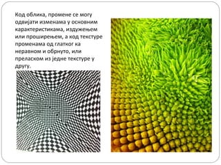 Код облика, промене се могу
одвијати изменама у основним
карактеристикама, издужењем
или проширењем, а код текстуре
променама од глатког ка
неравном и обрнуто, или
преласком из једне текстуре у
другу.

 