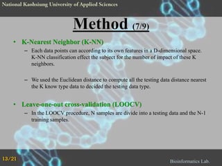 • K-Nearest Neighbor (K-NN)
– Each data points can according to its own features in a D-dimensional space.
K-NN classification effect the subject for the number of impact of these K
neighbors.
– We used the Euclidean distance to compute all the testing data distance nearest
the K know type data to decided the testing data type.

• Leave-one-out cross-validation (LOOCV)
– In the LOOCV procedure, N samples are divide into a testing data and the N-1
training samples.

13/21

Bioinformatics Lab.

 