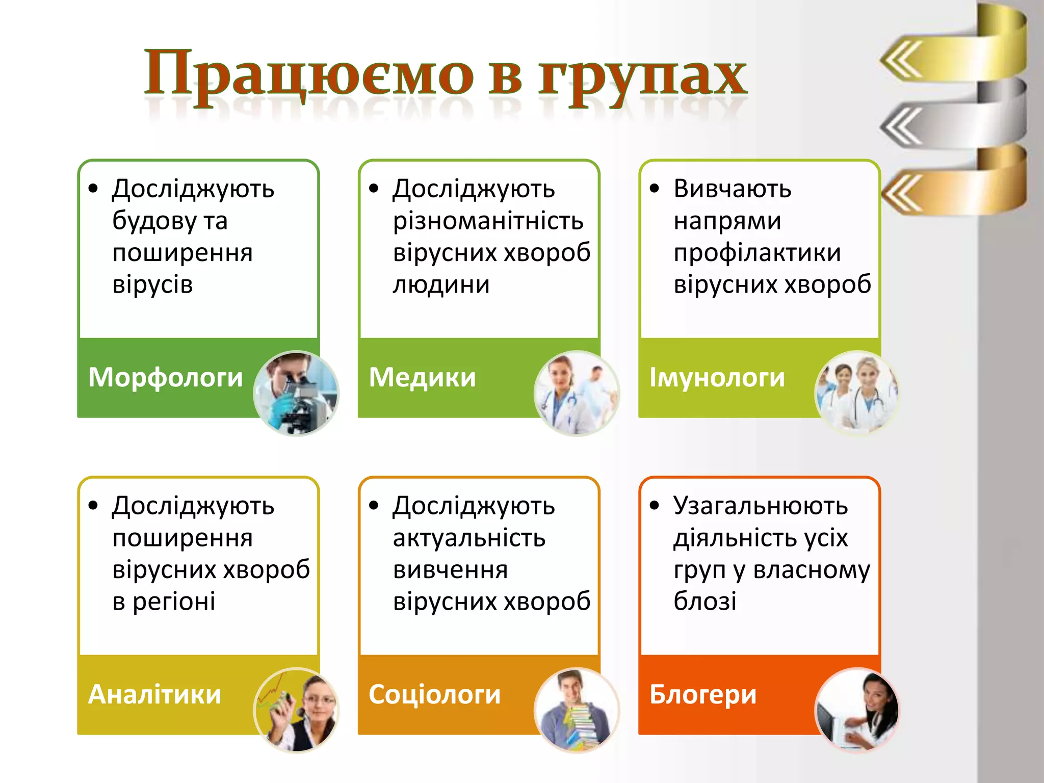 • Досліджують
будову та
поширення
вірусів

• Досліджують
різноманітність
вірусних хвороб
людини

• Вивчають
напрями
профілактики
вірусних хвороб

Морфологи

Медики

Імунологи

• Досліджують
поширення
вірусних хвороб
в регіоні

• Досліджують
актуальність
вивчення
вірусних хвороб

• Узагальнюють
діяльність усіх
груп у власному
блозі

Аналітики

Соціологи

Блогери

 