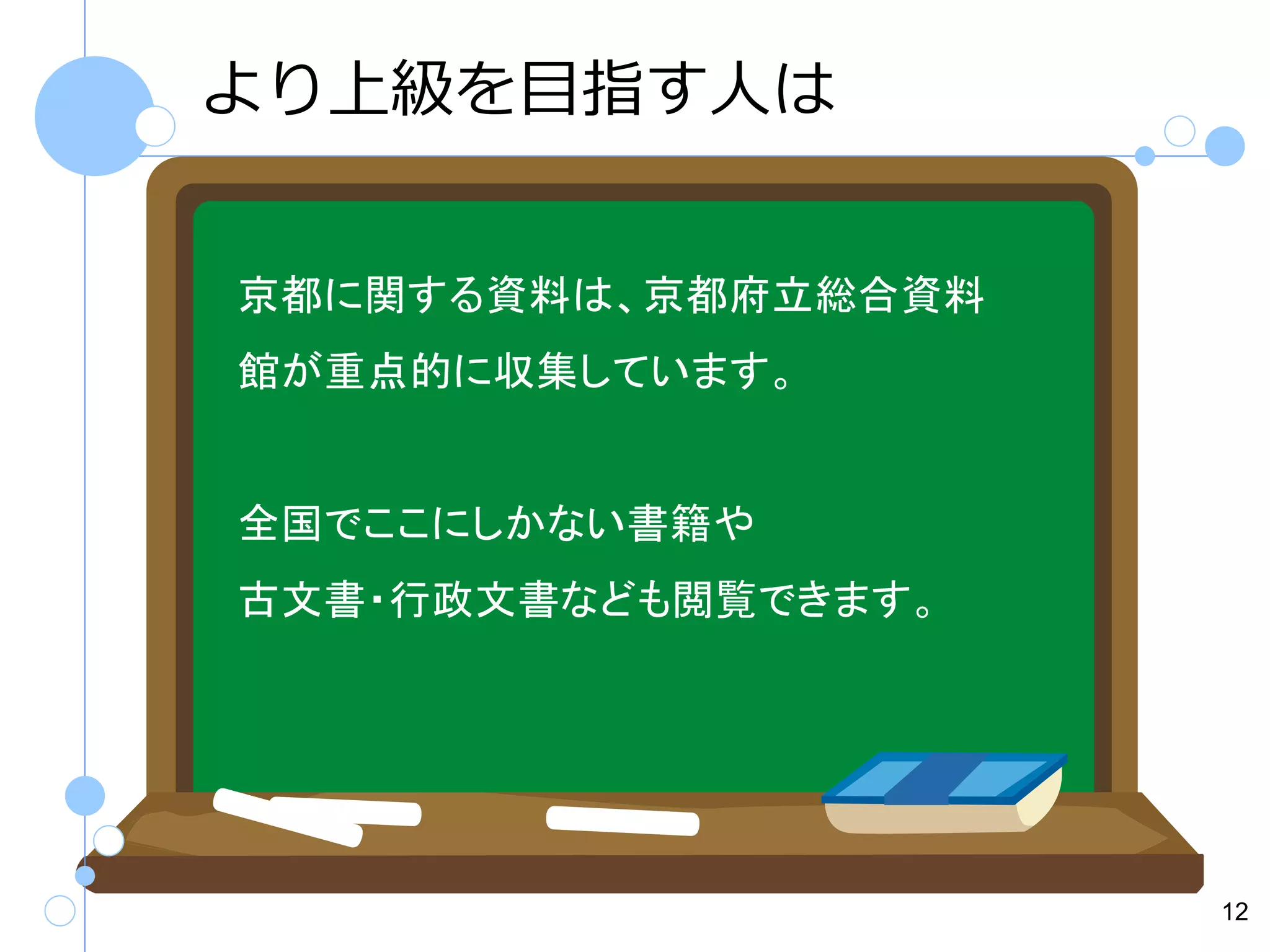 より上級を目指す人は
京都に関する資料は、京都府立総合資料
館が重点的に収集しています。

全国でここにしかない書籍や
古文書・行政文書なども閲覧できます。

12

 
