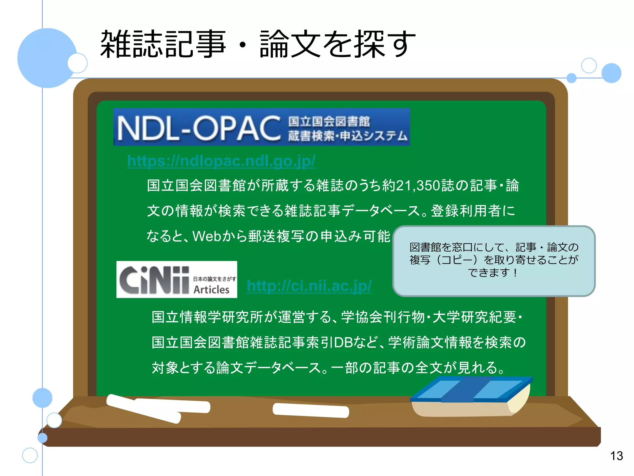 雑誌記事・論文を探す

https://ndlopac.ndl.go.jp/
国立国会図書館が所蔵する雑誌のうち約21,350誌の記事・論
文の情報が検索できる雑誌記事データベース。登録利用者に
なると、Webから郵送複写の申込み可能。

図書館を窓口にして、記事・論文の
複写（コピー）を取り寄せることが
できます！

http://ci.nii.ac.jp/
国立情報学研究所が運営する、学協会刊行物・大学研究紀要・
国立国会図書館雑誌記事索引DBなど、学術論文情報を検索の
対象とする論文データベース。一部の記事の全文が見れる。

13

 
