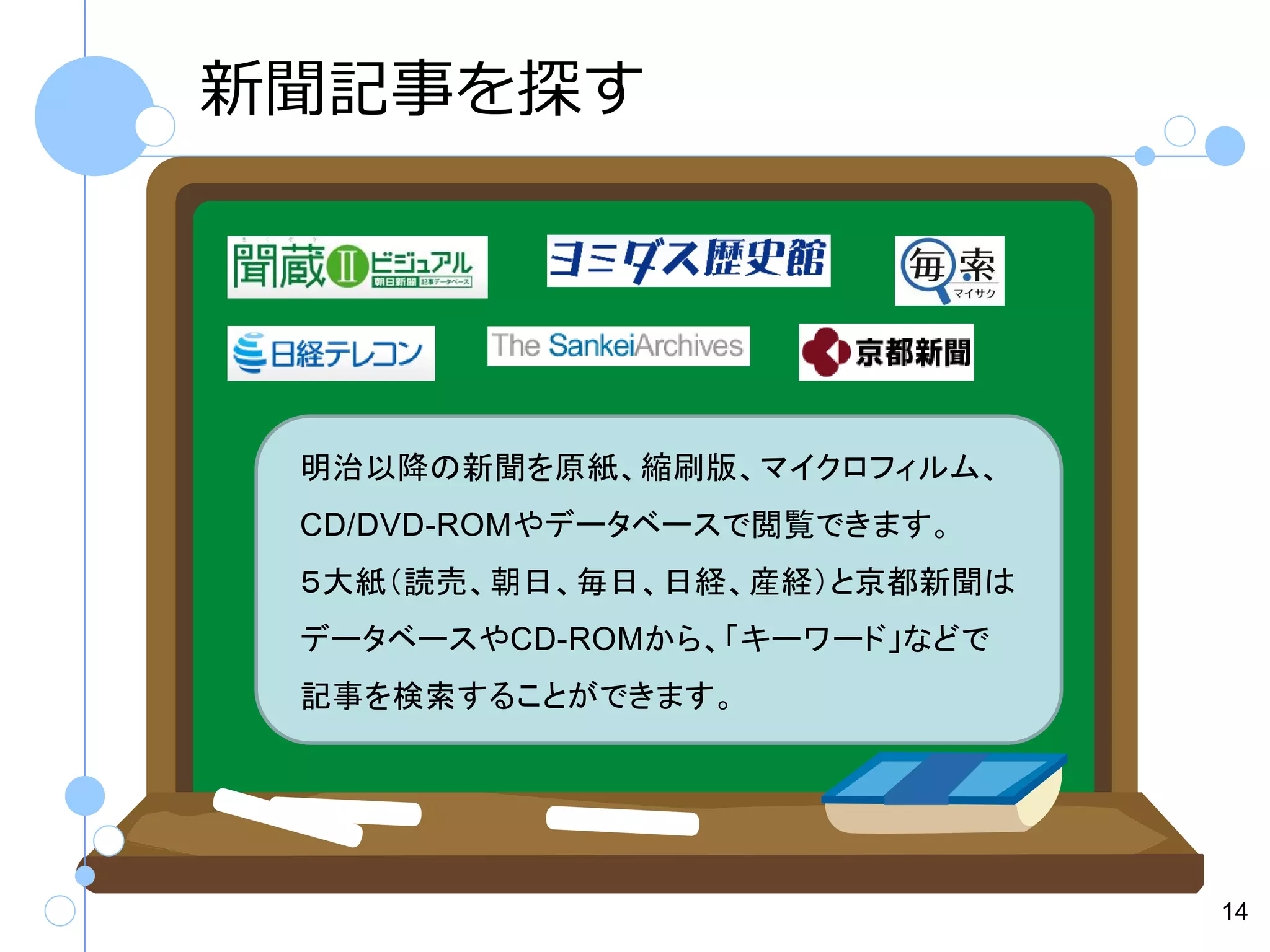 新聞記事を探す

明治以降の新聞を原紙、縮刷版、マイクロフィルム、
CD/DVD-ROMやデータベースで閲覧できます。
５大紙（読売、朝日、毎日、日経、産経）と京都新聞は
データベースやCD-ROMから、「キーワード」などで
記事を検索することができます。

14

 