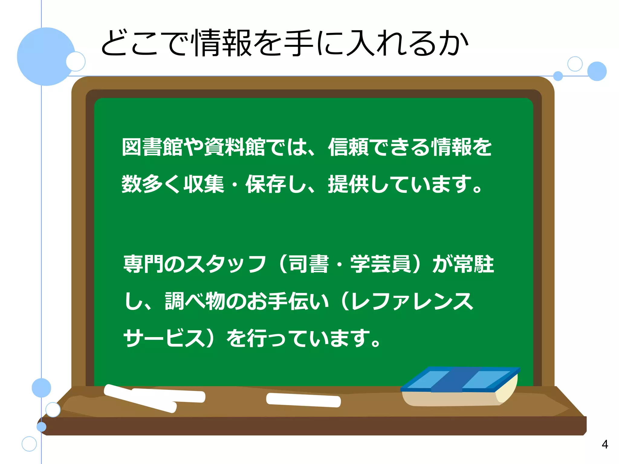 どこで情報を手に入れるか
図書館や資料館では、信頼できる情報を
数多く収集・保存し、提供しています。

専門のスタッフ（司書・学芸員）が常駐

し、調べ物のお手伝い（レファレンス
サービス）を行っています。

4

 