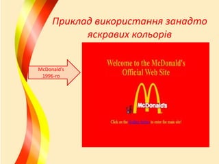 Приклад використання занадто
яскравих кольорів
McDonald’s
1996-го

 