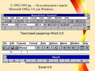 У 1992-1993 рр. . - була випущена і версія
Microsoft Office 3.0 для Windows .

Текстовий редактор Word 2.0

Excel 4.0

 