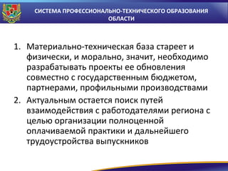 СИСТЕМА ПРОФЕССИОНАЛЬНО-ТЕХНИЧЕСКОГО ОБРАЗОВАНИЯ
ОБЛАСТИ

1. Материально-техническая база стареет и
физически, и морально, значит, необходимо
разрабатывать проекты ее обновления
совместно с государственным бюджетом,
партнерами, профильными производствами
2. Актуальным остается поиск путей
взаимодействия с работодателями региона с
целью организации полноценной
оплачиваемой практики и дальнейшего
трудоустройства выпускников

 