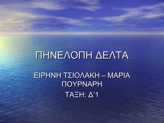 ΠΗΝΕΛΟΠΗ ΔΕΛΤΑ
ΕΙΡΗΝΗ ΤΣΙΟΛΑΚΗ – ΜΑΡΙΑ
ΠΟΥΡΝΑΡΗ
ΤΑΞΗ: Δ’1

 